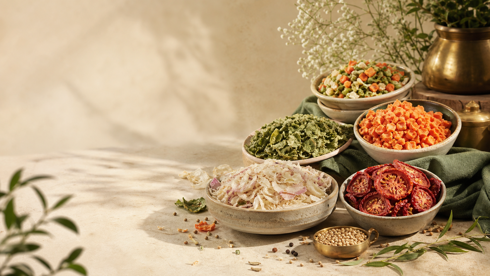 Premium FarmAura pantry scene with dehydrated vegetables, ceramic bowls, brass accents, and deep green linen